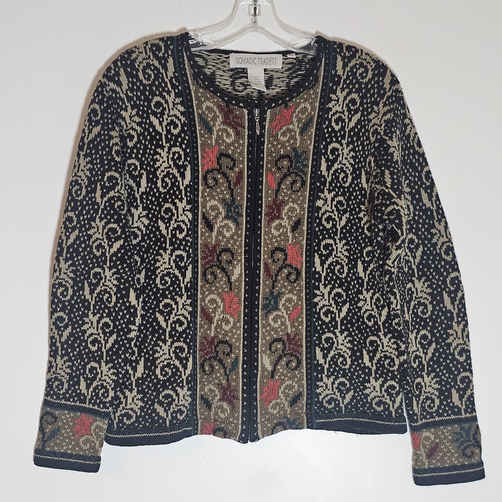 Nomadic Traders Cardigan Sweater Womens Medium Multi Zip Ramie Cotton Flowers M